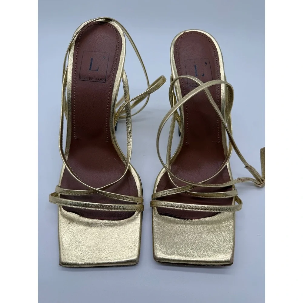 L'Autre Chose Strappy Sandals Womens 36 Gold Metallic Leather Square Toe Italy